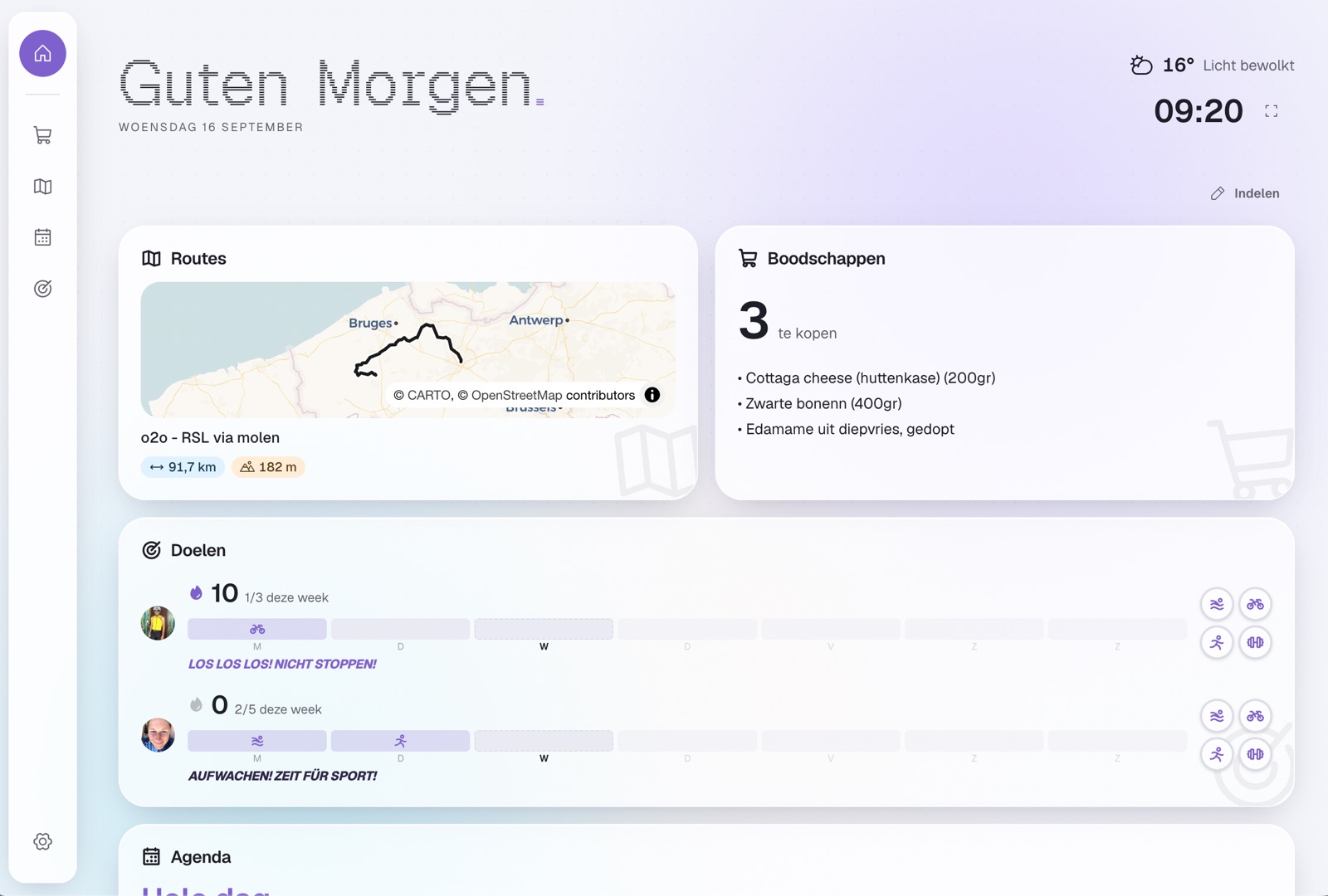 The dashboard on a Wednesday morning: routes, shopping list and training goals