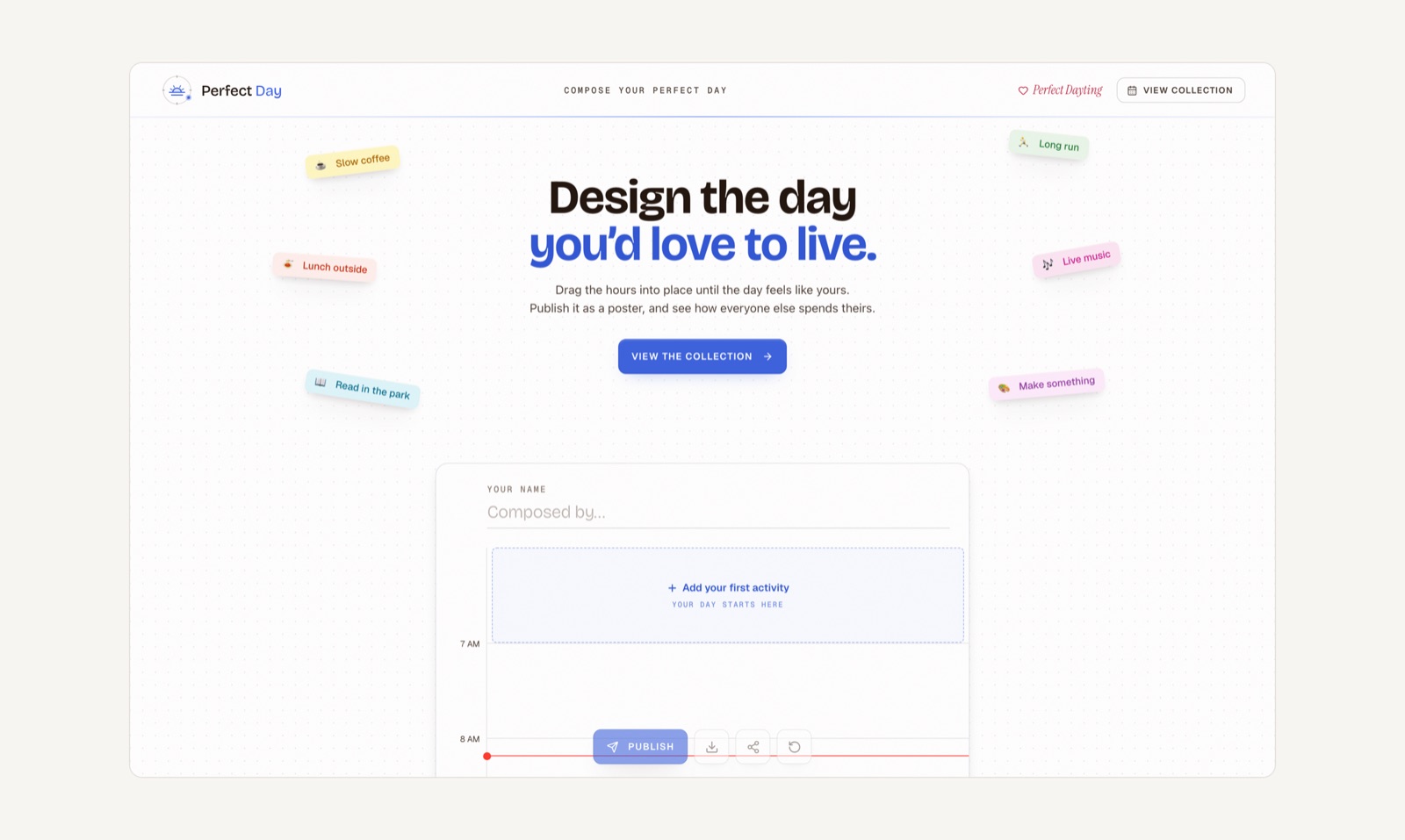 Perfect Day landing page with the day editor