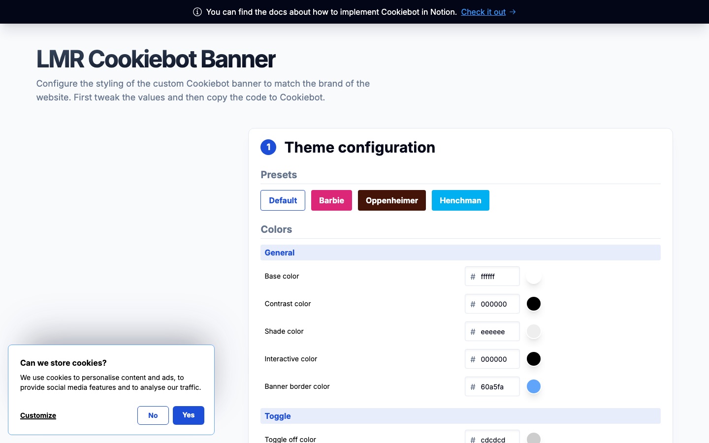 The theme configurator, with a live Cookiebot banner preview